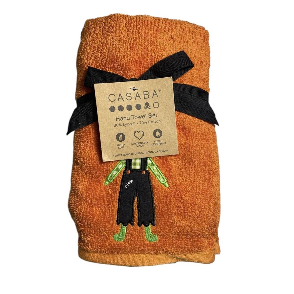 Vintage Casaba Halloween Embroidered Frankenstein Orange Towel Set of 2 New